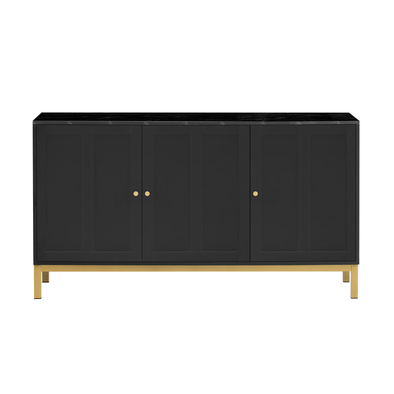 Buffet noir moderne 3 portes avec plateau effet marbre noir et pieds métalliques dorés KREBS