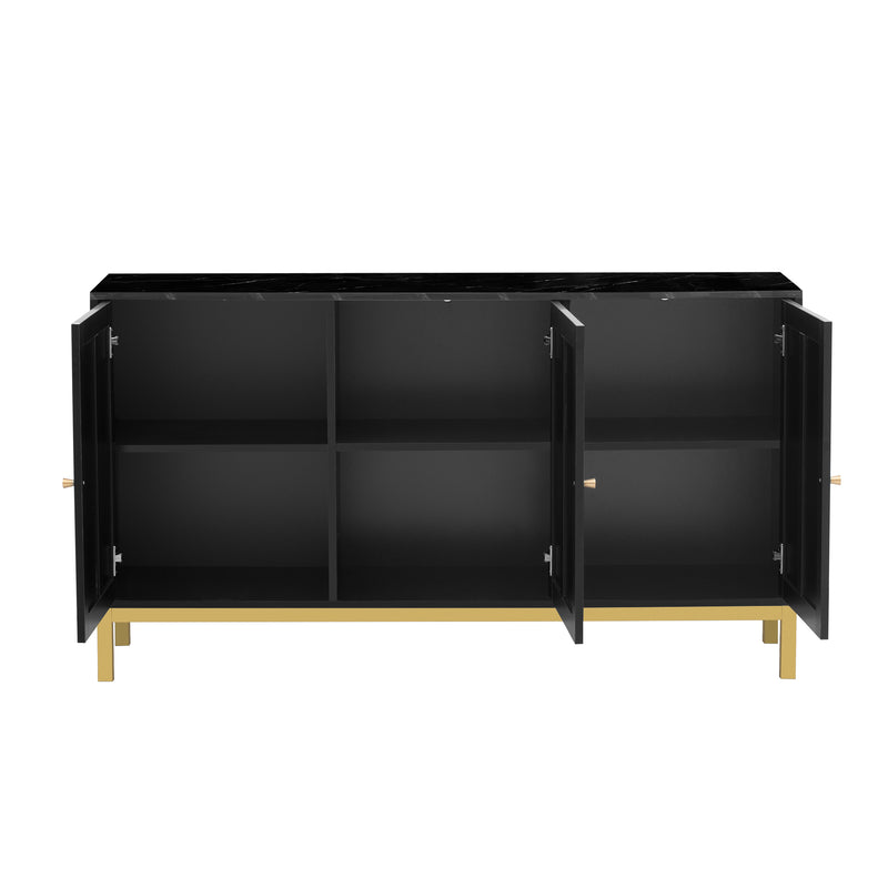 Buffet noir moderne 3 portes avec plateau effet marbre noir et pieds métalliques dorés KREBS