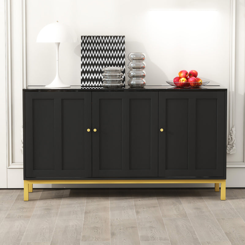 Buffet noir moderne 3 portes avec plateau effet marbre noir et pieds métalliques dorés KREBS