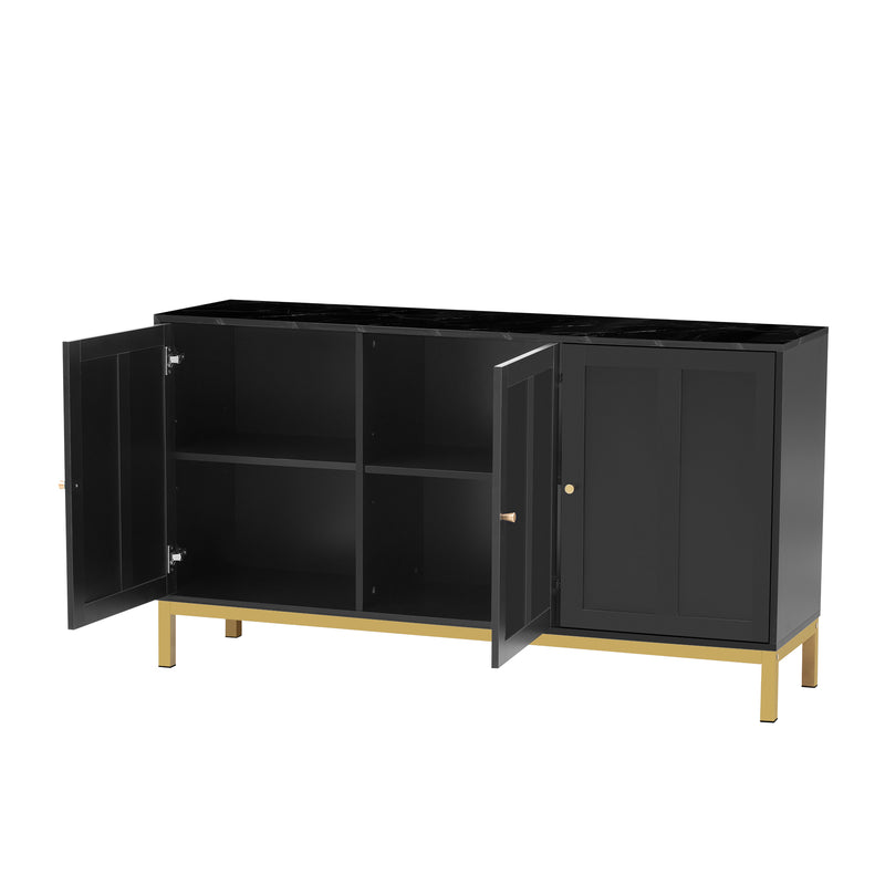 Buffet noir moderne 3 portes avec plateau effet marbre noir et pieds métalliques dorés KREBS