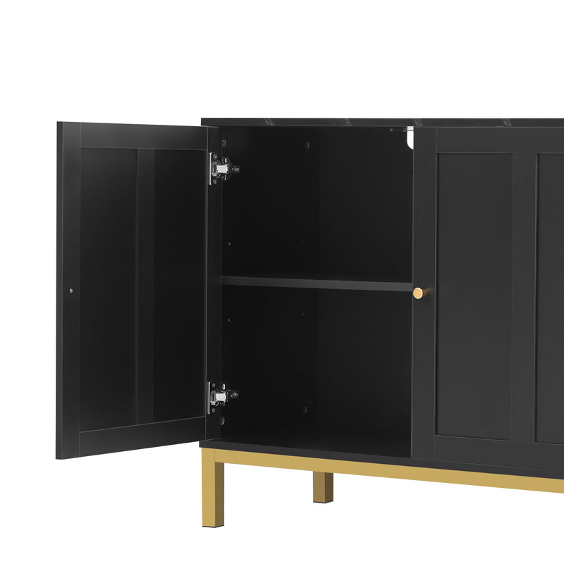 Buffet noir moderne 3 portes avec plateau effet marbre noir et pieds métalliques dorés KREBS