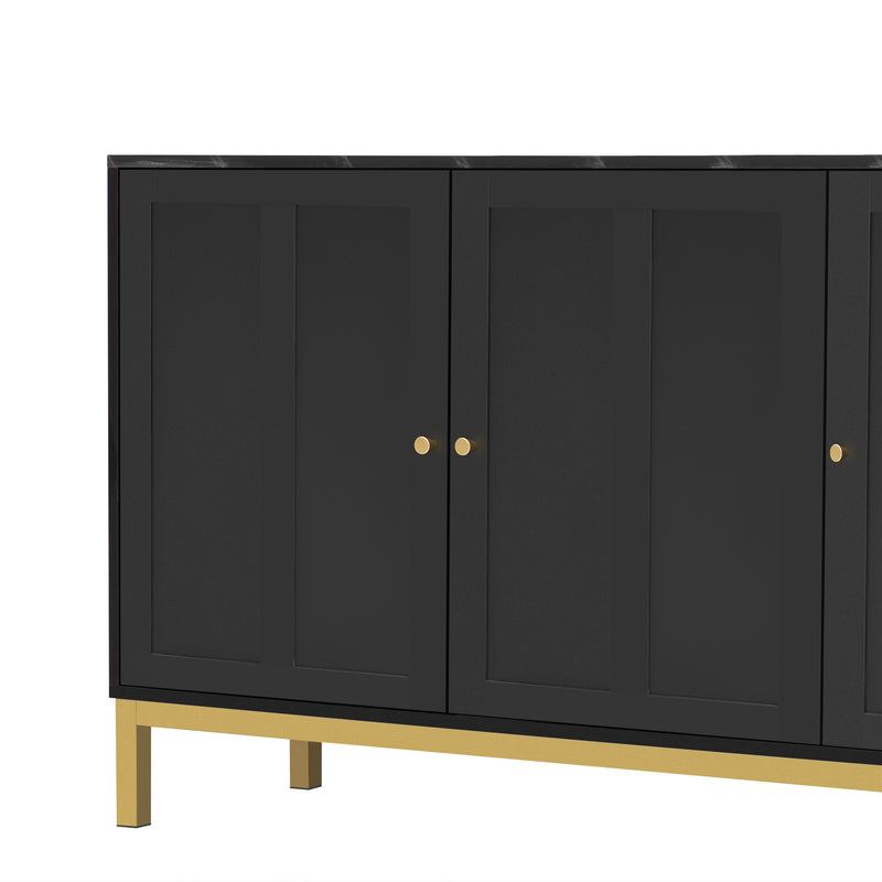 Buffet noir moderne 3 portes avec plateau effet marbre noir et pieds métalliques dorés KREBS