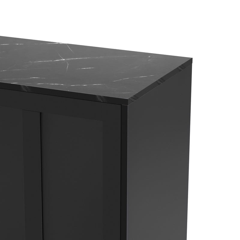 Buffet noir moderne 3 portes avec plateau effet marbre noir et pieds métalliques dorés KREBS