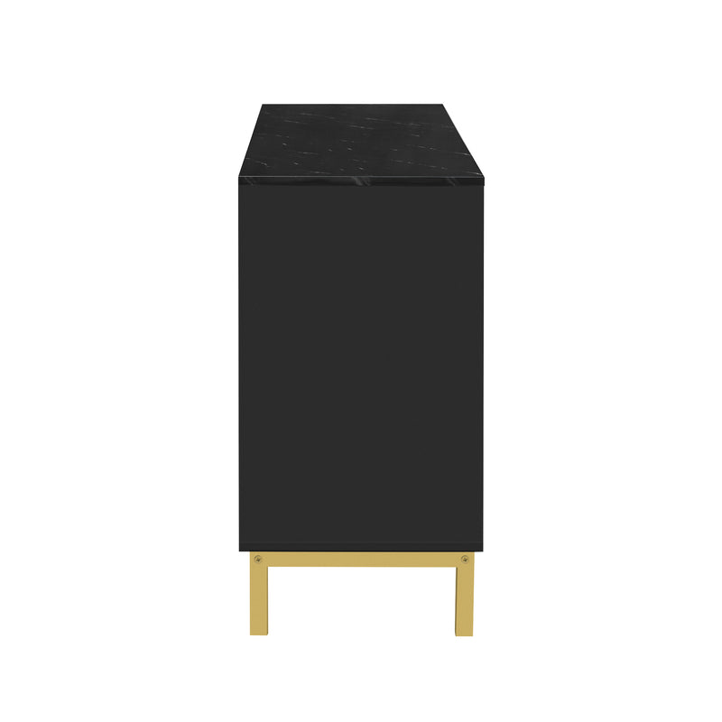 Buffet noir moderne 3 portes avec plateau effet marbre noir et pieds métalliques dorés KREBS