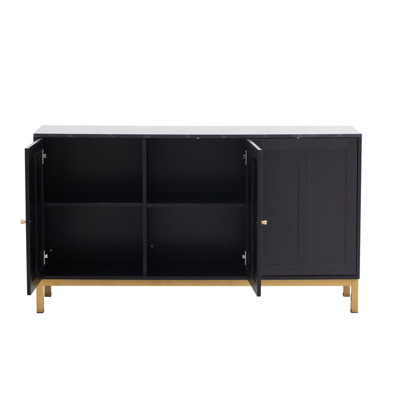 Buffet noir moderne 3 portes avec plateau effet marbre noir et pieds métalliques dorés KREBS