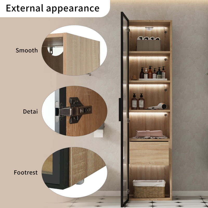 Vitrine haute effet bois clair 1 grands tiroirs 1 portes en verre trempé, avec bande éclariage LED KREKULS