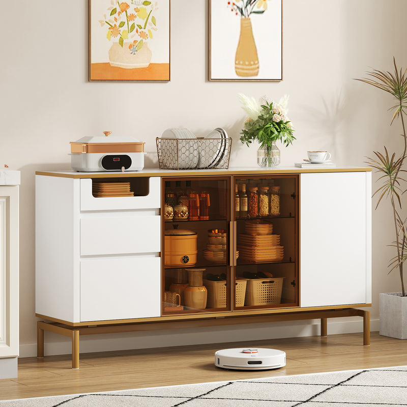 Buffet élégant plateau effet marbre blanc, portes verre teinté 3 tiroirs, poignets et pieds dorées 150Lx40Px80Hcm KROCEID