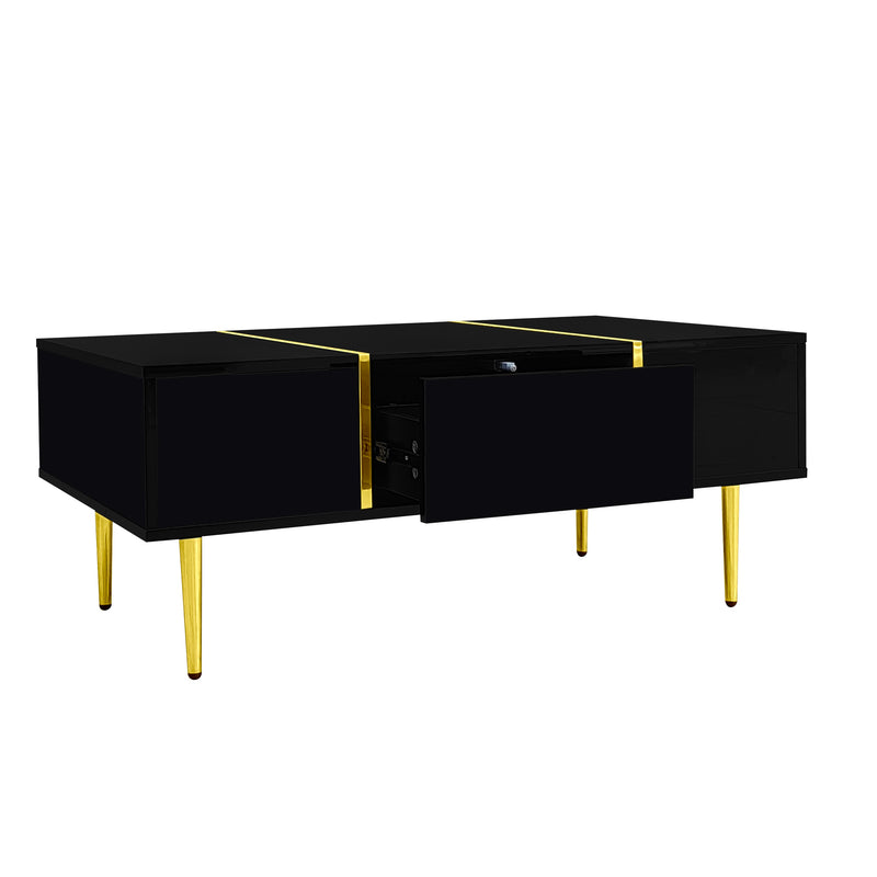 Table basse noire laquée et accents dorées, 2 tiroirs KUGVOD