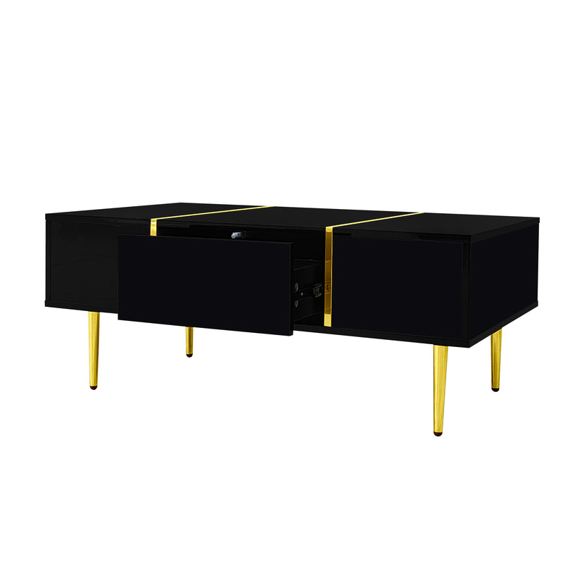 Table basse noire laquée et accents dorées, 2 tiroirs KUGVOD