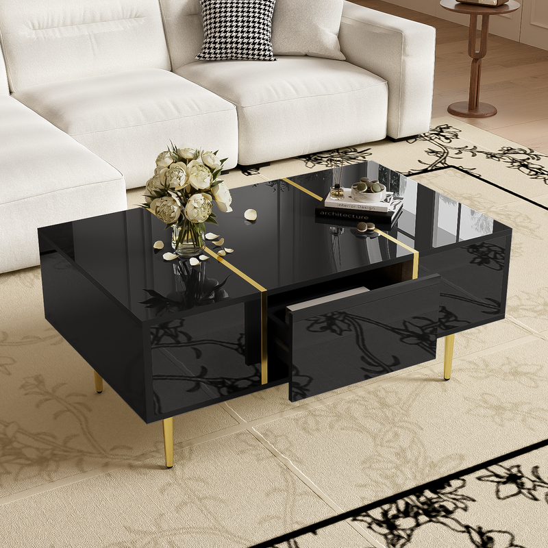 Table basse noire laquée et accents dorées, 2 tiroirs KUGVOD