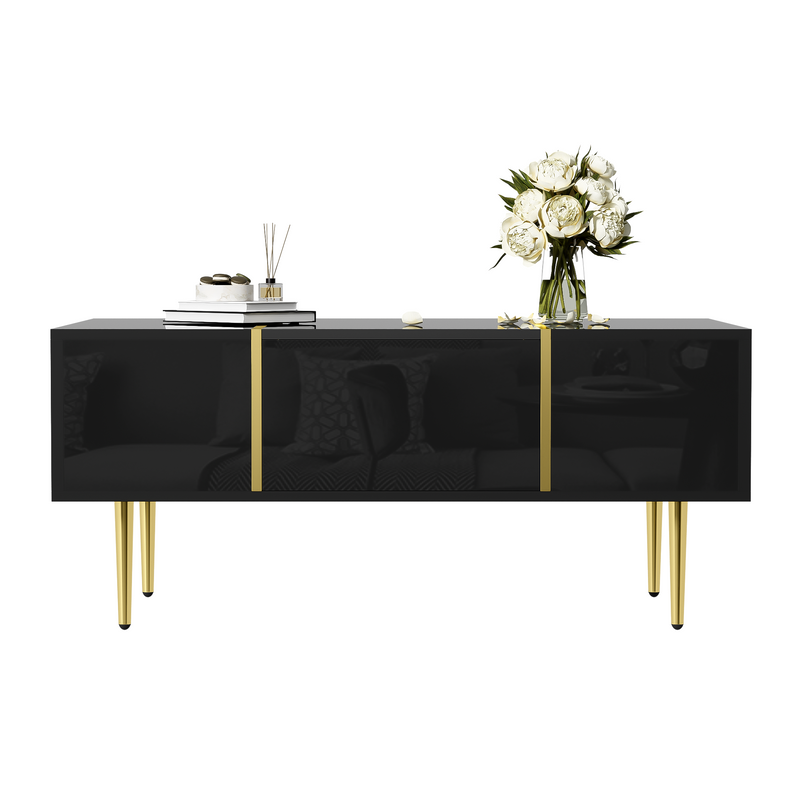 Table basse noire laquée et accents dorées, 2 tiroirs KUGVOD