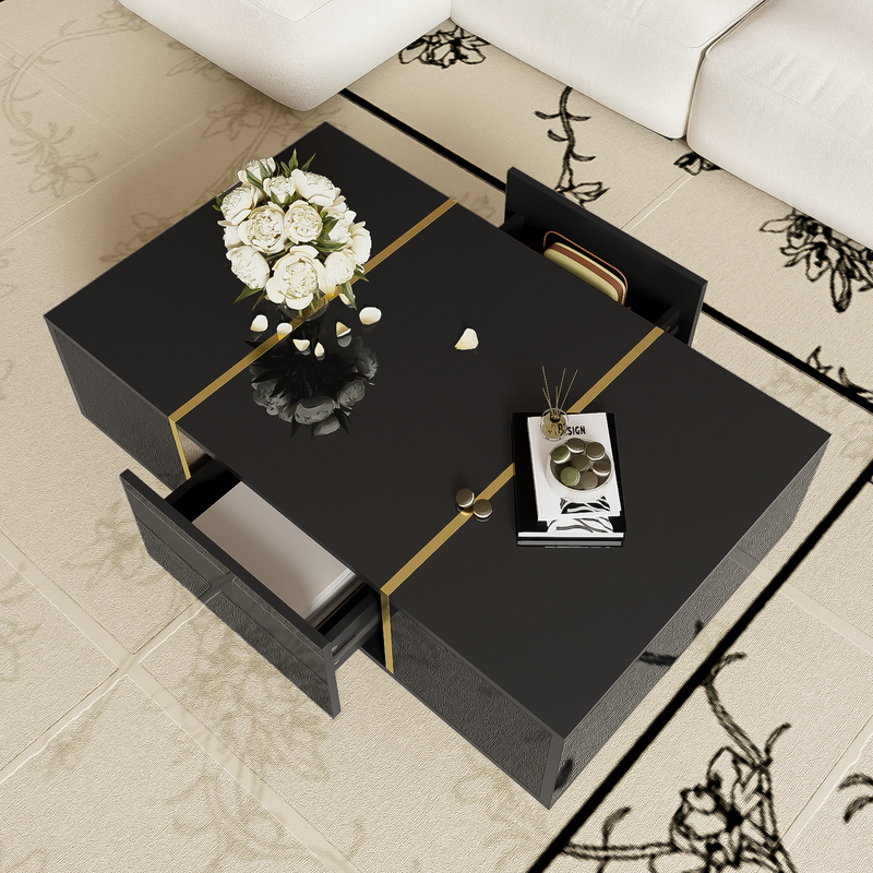Table basse noire laquée et accents dorées, 2 tiroirs KUGVOD