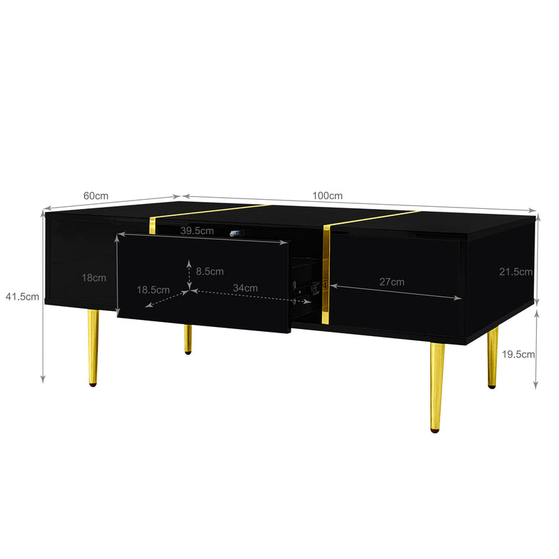 Table basse noire laquée et accents dorées, 2 tiroirs KUGVOD