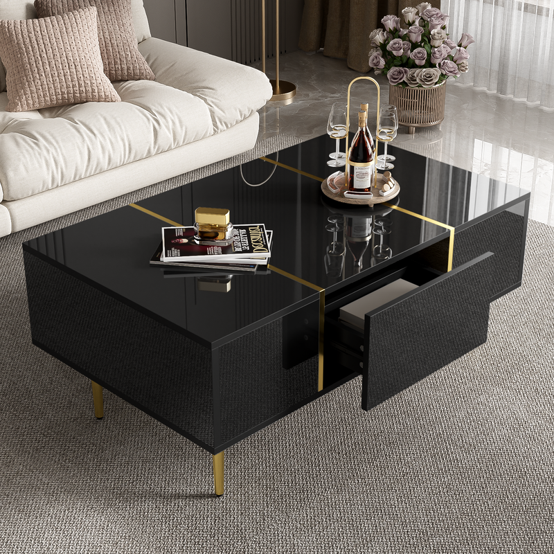 Table basse noire laquée et accents dorées, 2 tiroirs KUGVOD