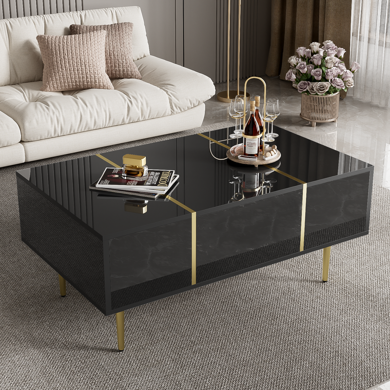 Table basse noire laquée et accents dorées, 2 tiroirs KUGVOD
