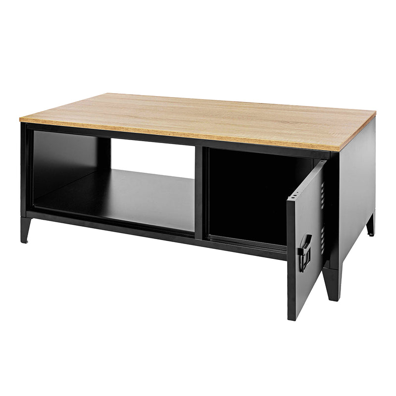 Table basse noir métallique effet bois claire style industriel 120X40X46CM LIVERPOOL COFFEE TABLE BLACK