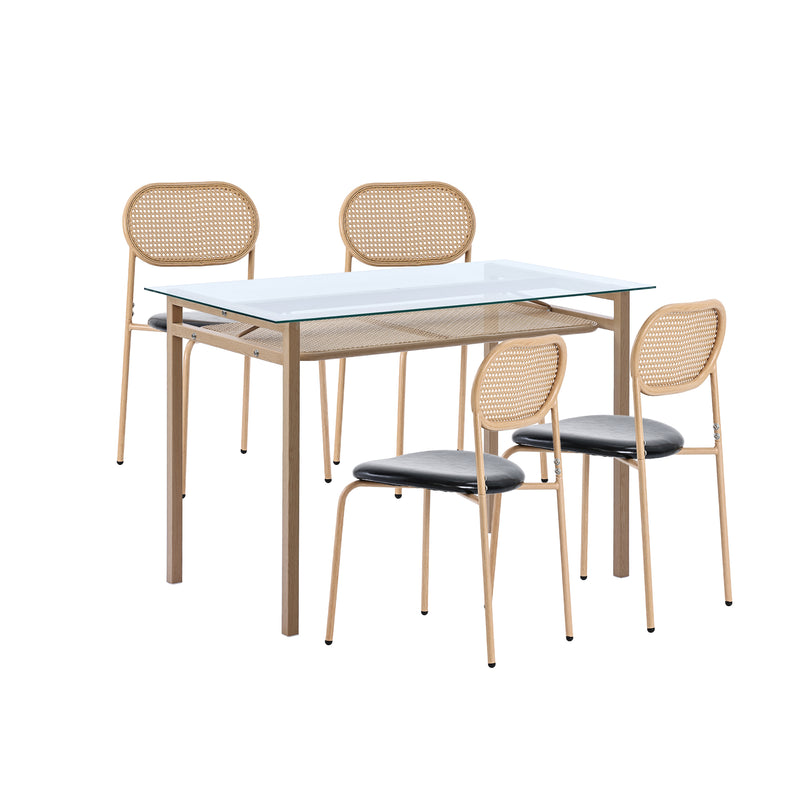 Ensemble table à manger et quatre chaises en verre minimaliste moderne avec plateau en verre transparent, cadre en bois naturel et dossier en rotin LOSSIRS+GHEXIELS BLACK