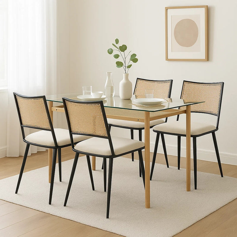 Ensemble table et chaises de salle à manger de style moderne et simple avec plateau en verre transparent et dossier en rotin PE LOSSIRS+BHIHNOL*2