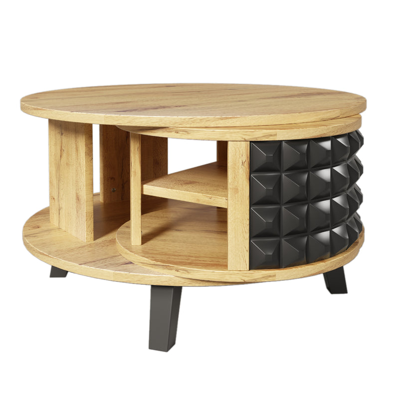 Table basse effet bois et noir, rangement interne rotatif LAACRO