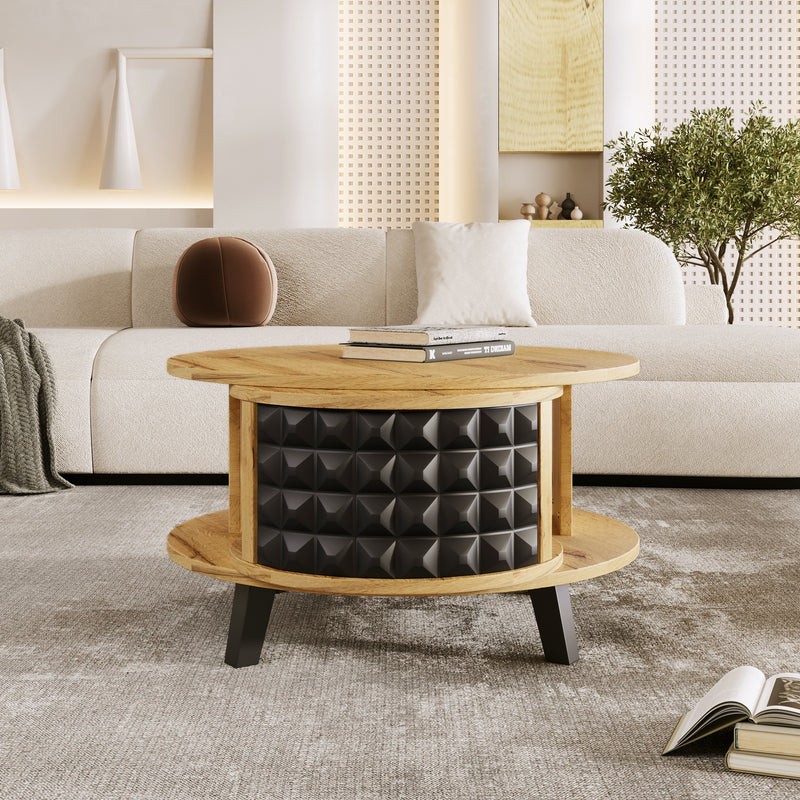 Table basse effet bois et noir, rangement interne rotatif LAACRO