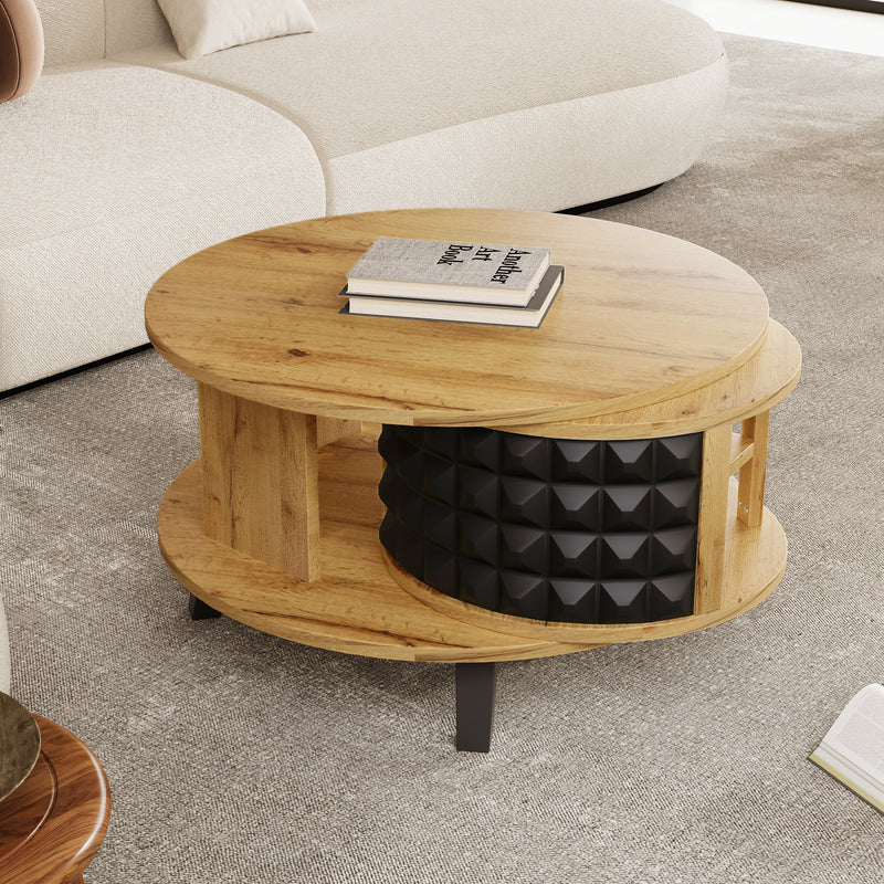 Table basse effet bois et noir, rangement interne rotatif LAACRO