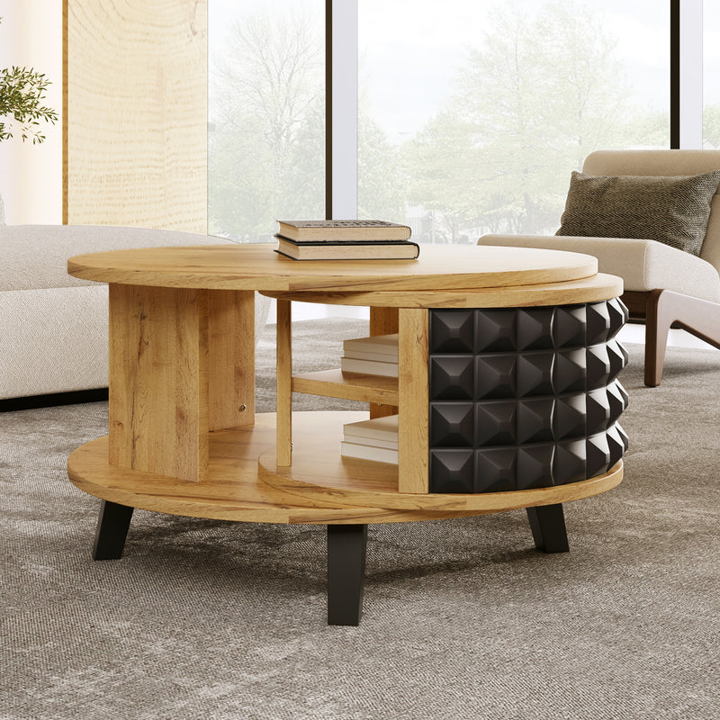 Table basse effet bois et noir, rangement interne rotatif LAACRO