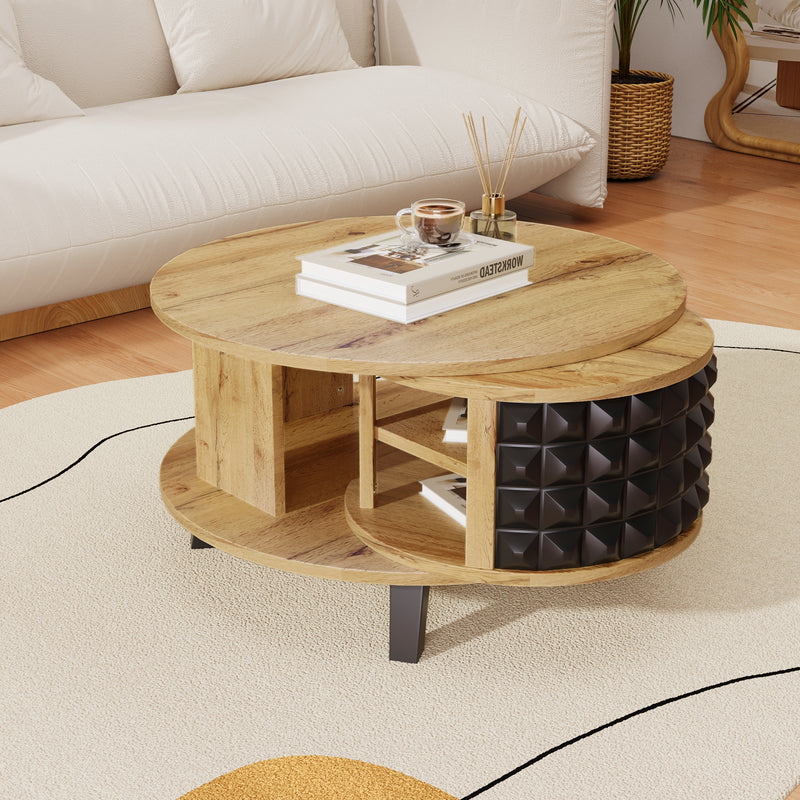 Table basse effet bois et noir, rangement interne rotatif LAACRO