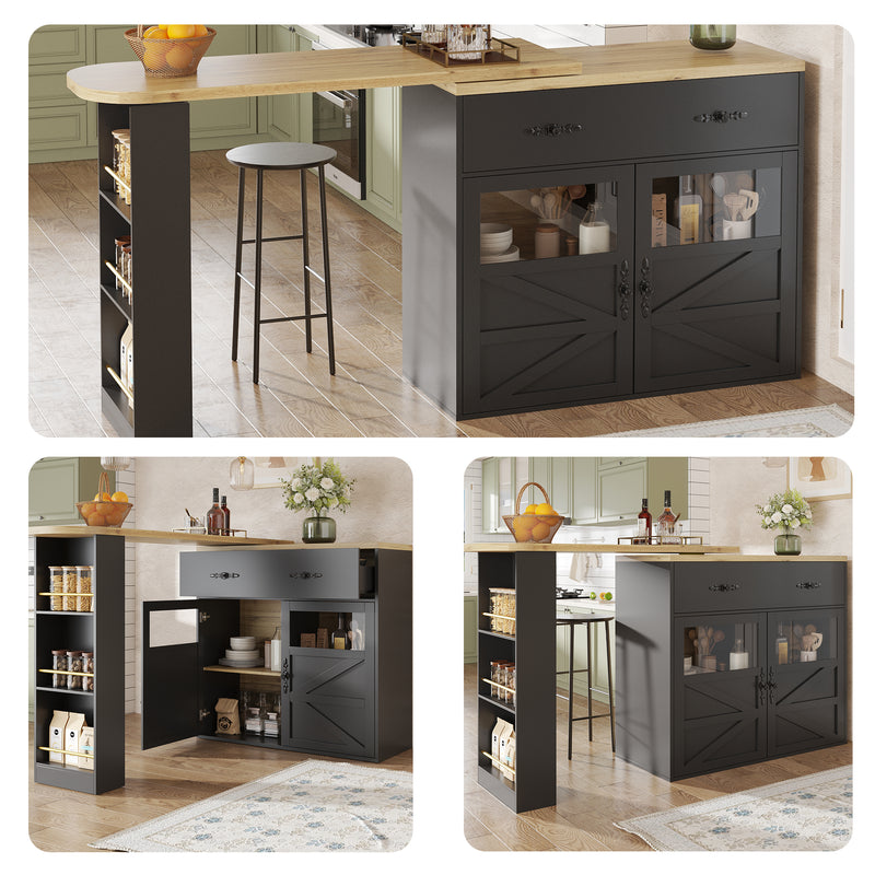 Table de bar extensible 360° noire et effet bois et verre LADOI
