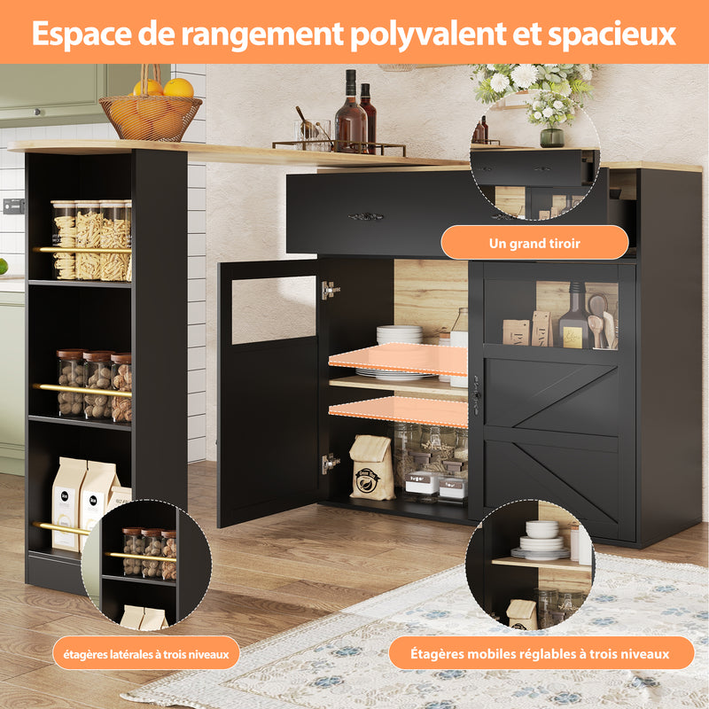 Table de bar extensible 360° noire et effet bois et verre LADOI