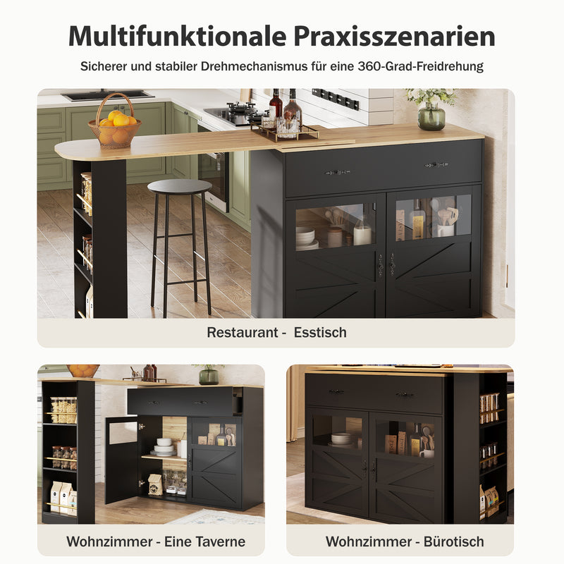 Table de bar extensible 360° noire et effet bois et verre LADOI