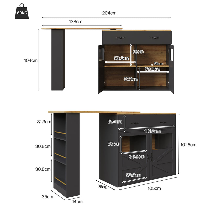 Table de bar extensible 360° noire et effet bois et verre LADOI