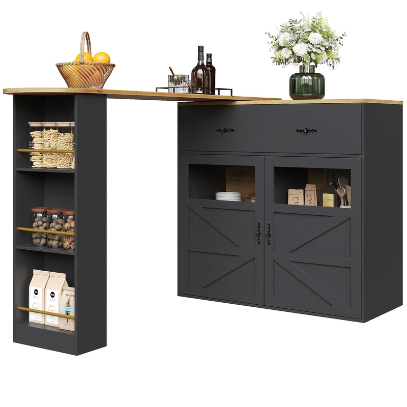 Table de bar extensible 360° noire et effet bois et verre LADOI
