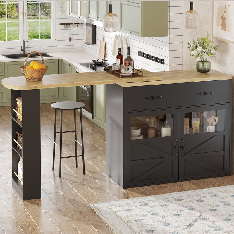 Table de bar extensible 360° noire et effet bois et verre LADOI