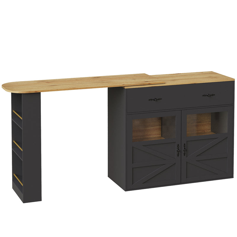 Table de bar extensible 360° noire et effet bois et verre LADOI