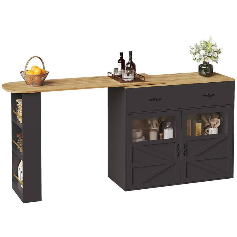 Table de bar extensible 360° noire et effet bois et verre LADOI