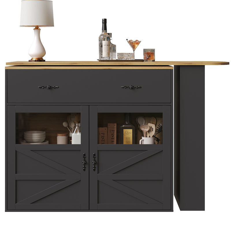 Table de bar extensible 360° noire et effet bois et verre LADOI