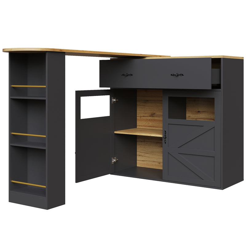 Table de bar extensible 360° noire et effet bois et verre LADOI