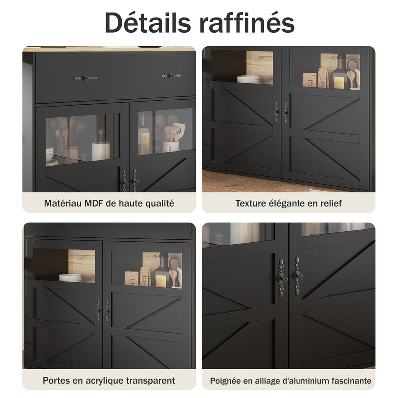 Table de bar extensible 360° noire et effet bois et verre LADOI