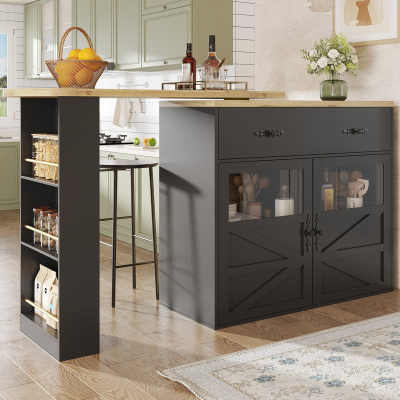 Table de bar extensible 360° noire et effet bois et verre LADOI