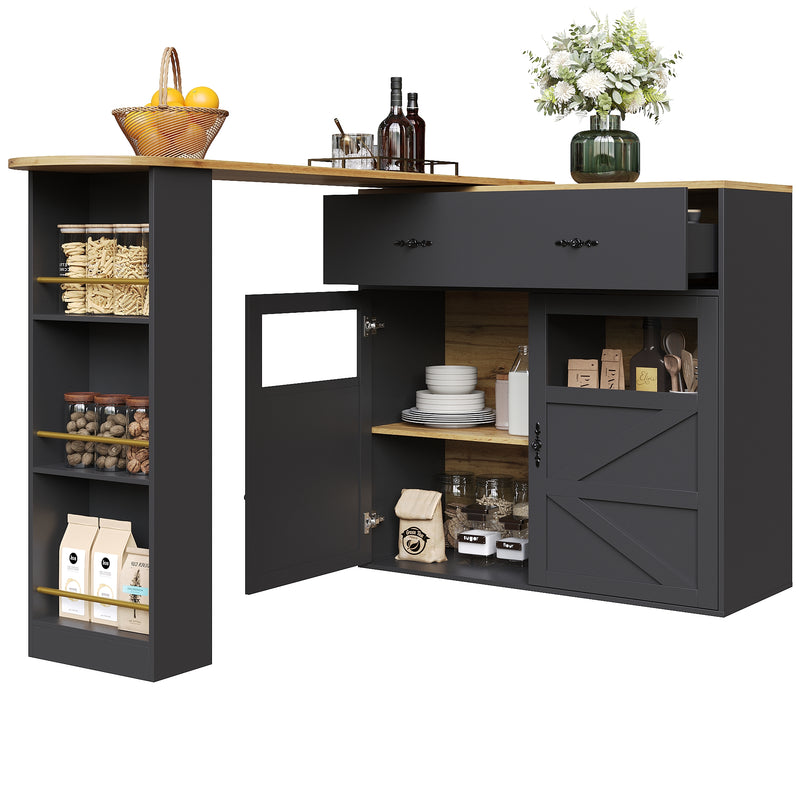 Table de bar extensible 360° noire et effet bois et verre LADOI