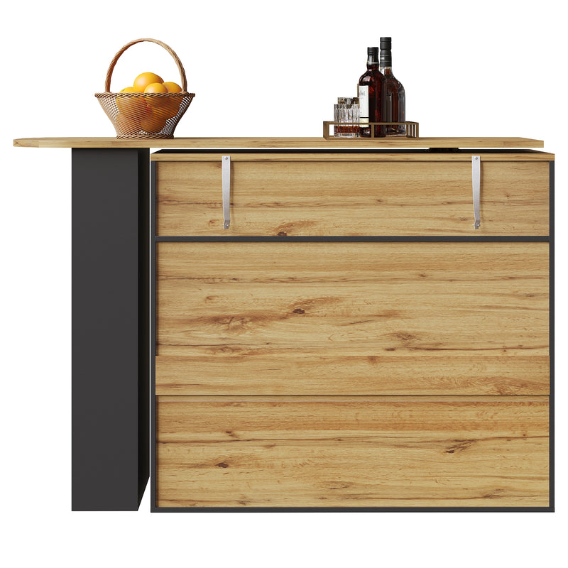 Table de bar extensible 360° noire et effet bois et verre LADOI