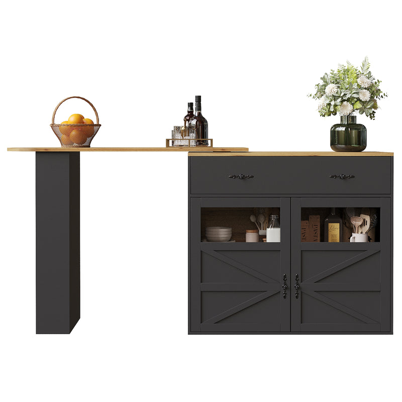 Table de bar extensible 360° noire et effet bois et verre LADOI