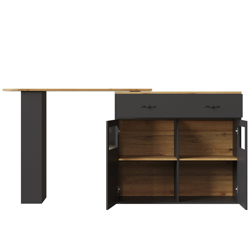Table de bar extensible 360° noire et effet bois et verre LADOI