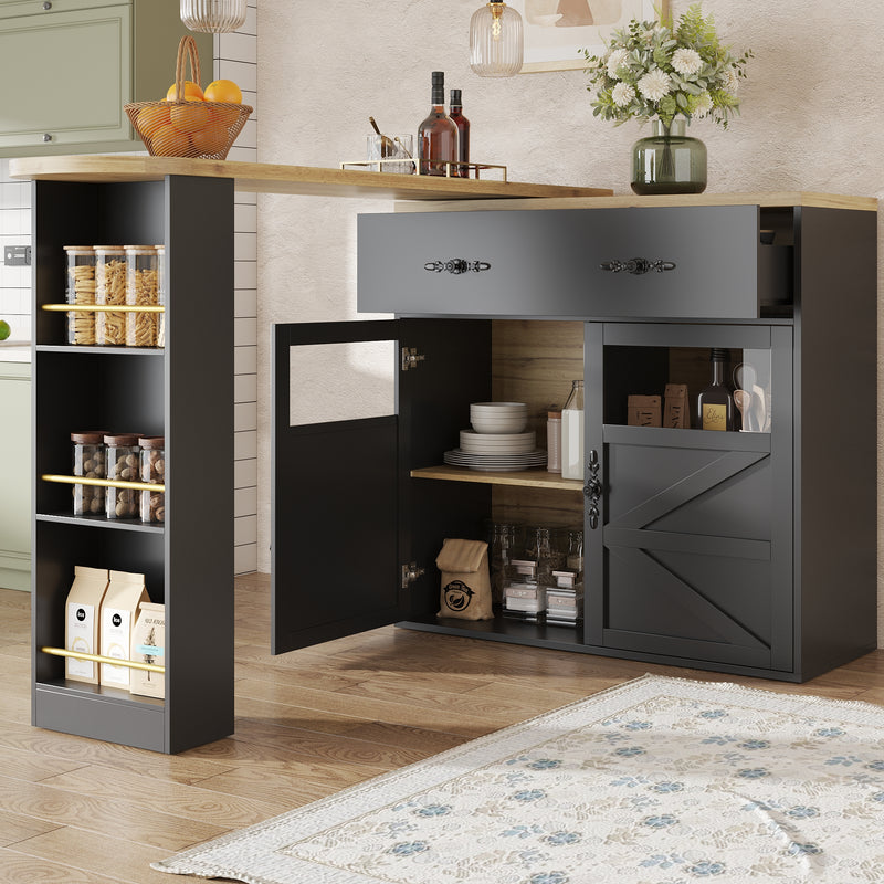 Table de bar extensible 360° noire et effet bois et verre LADOI