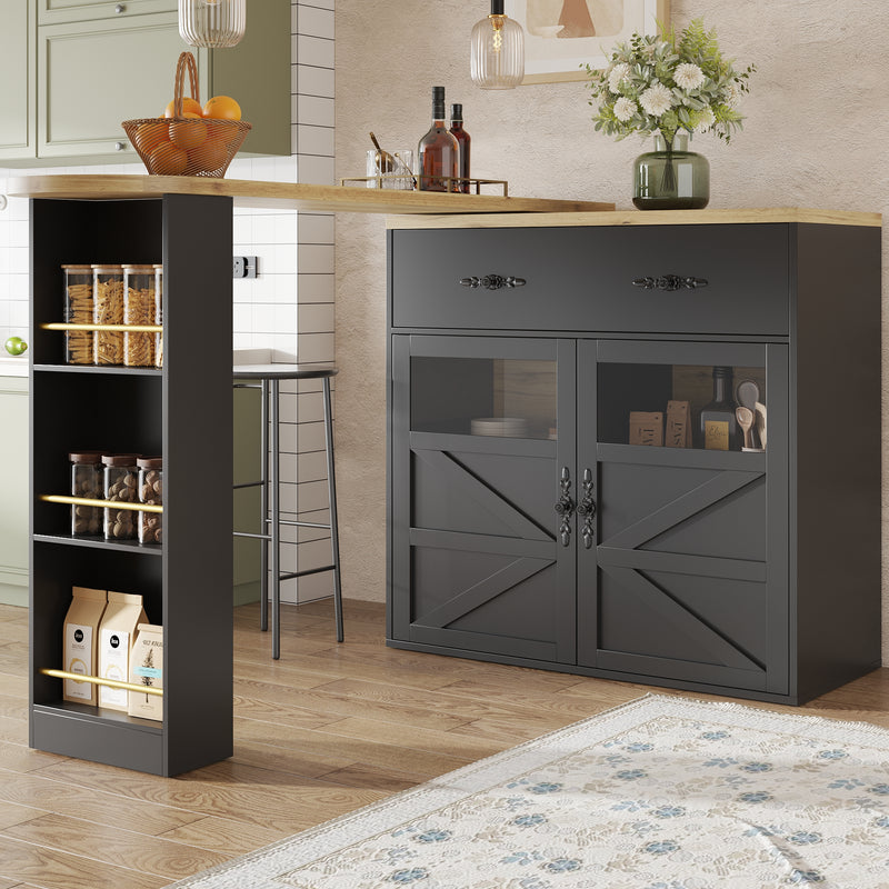 Table de bar extensible 360° noire et effet bois et verre LADOI