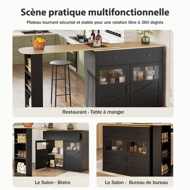Table de bar extensible 360° noire et effet bois et verre LADOI