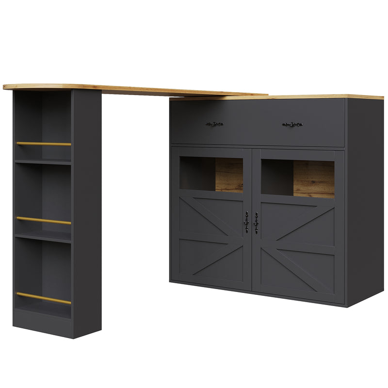 Table de bar extensible 360° noire et effet bois et verre LADOI