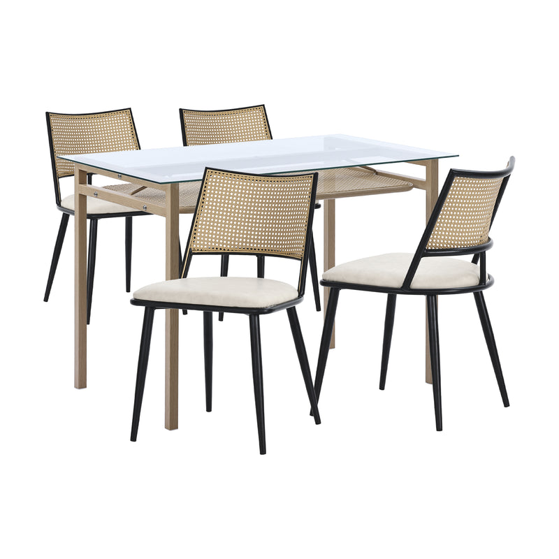 Ensemble table et chaises de salle à manger de style moderne et simple avec plateau en verre transparent et dossier en rotin PE LOSSIRS+BHIHNOL*2