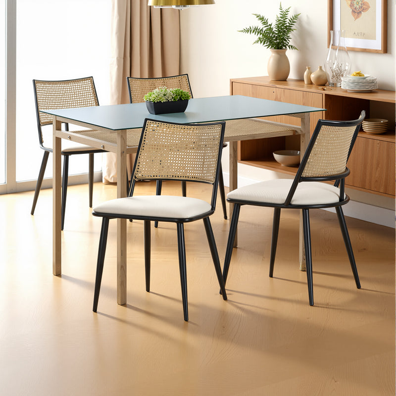 Ensemble table et chaises de salle à manger de style moderne et simple avec plateau en verre transparent et dossier en rotin PE LOSSIRS+BHIHNOL*2