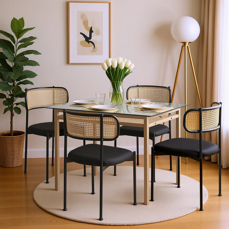Ensemble Table à manger en verre de style rétro avec 4 chaises en velours noir LOSSIRS+YUHRAR BLACK